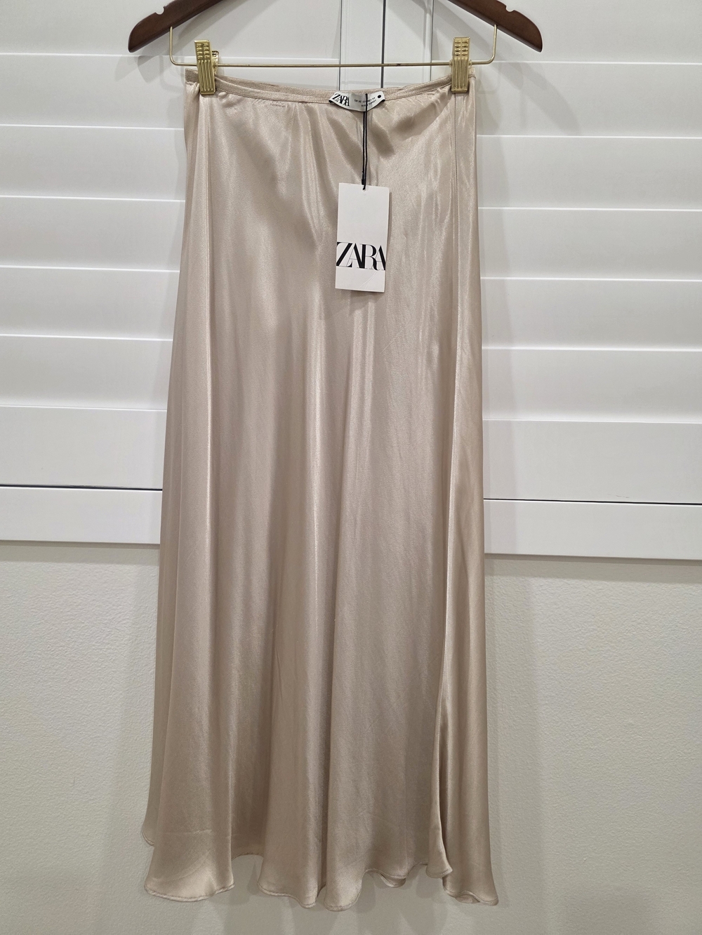 ZARA Satin Bias Midi Skirt in Light Beige